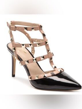 Mix No. 6 Black Patent Pointed-Toe Cage Heel with Nude Stud Straps